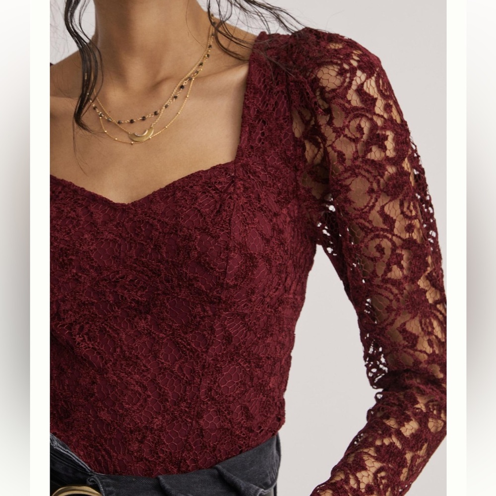 Anthropologie Sweetheart Lace Top Wine Long Sleeve - Picture 3 of 9
